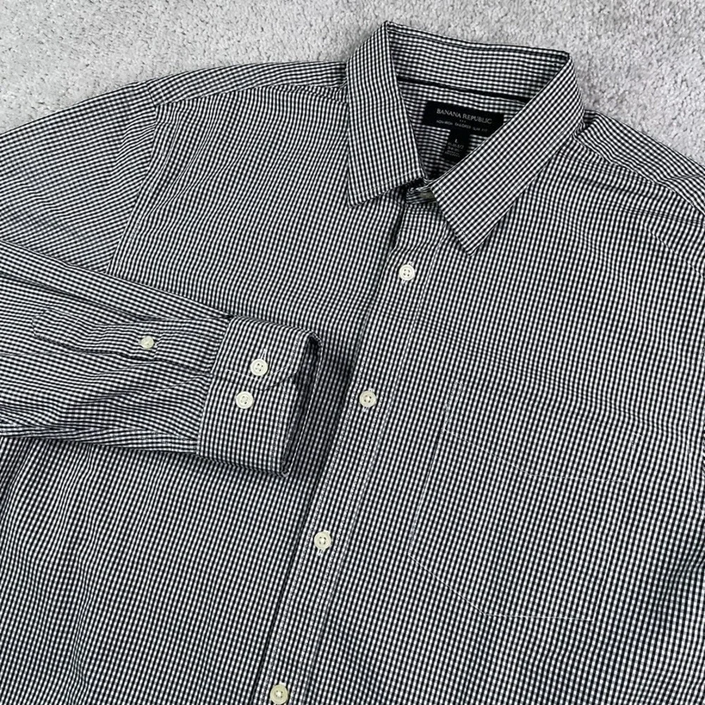 Banana Republic Shirt Mens Large Black Gingham Tailored Slim Fit‎ Non Iron